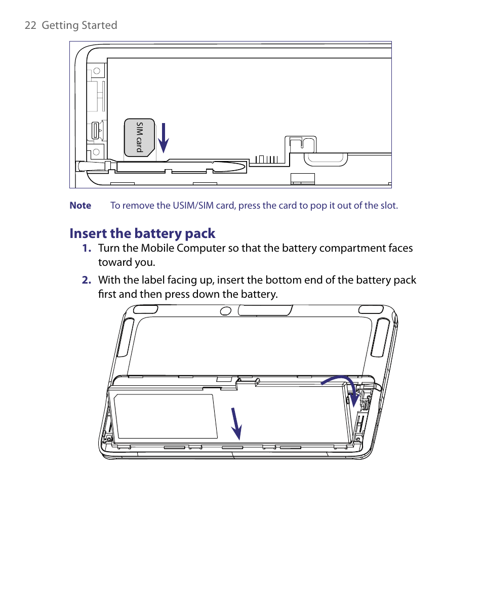 Insert the battery pack | Telenav for Unlocked Supported Devices: Mobile Office - HTC Shift User Manual | Page 22 / 136