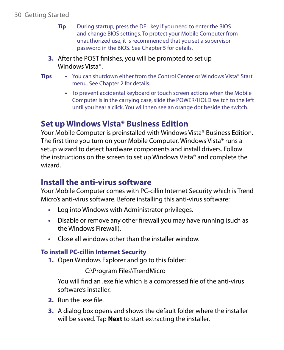 Set up windows vista® business edition, Install the anti-virus software | Telenav for Unlocked Supported Devices: Mobile Office - HTC Shift User Manual | Page 30 / 136