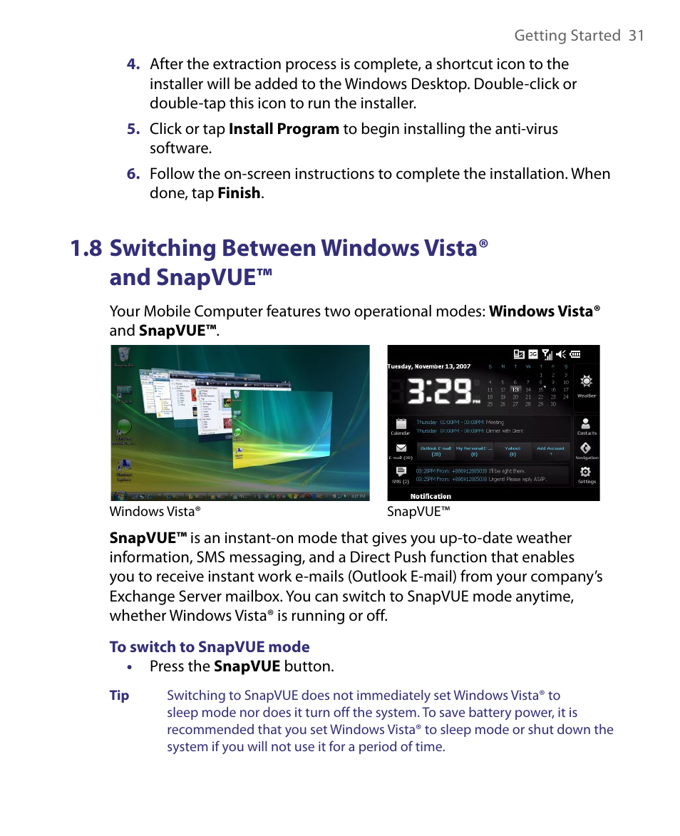 8 switching between windows vista® and snapvue, 8 switching between windows vista, And snapvue | Telenav for Unlocked Supported Devices: Mobile Office - HTC Shift User Manual | Page 31 / 136