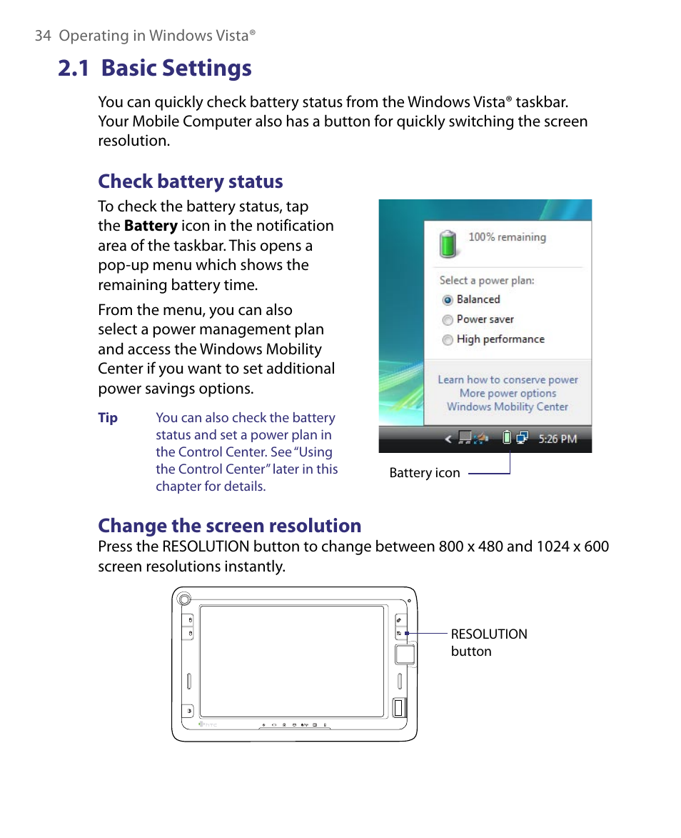 1 basic settings, Check battery status, Change the screen resolution | Check battery status change the screen resolution | Telenav for Unlocked Supported Devices: Mobile Office - HTC Shift User Manual | Page 34 / 136