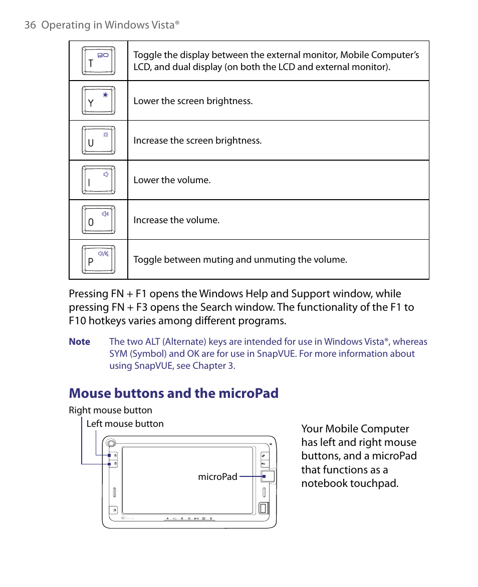 Mouse buttons and the micropad | Telenav for Unlocked Supported Devices: Mobile Office - HTC Shift User Manual | Page 36 / 136