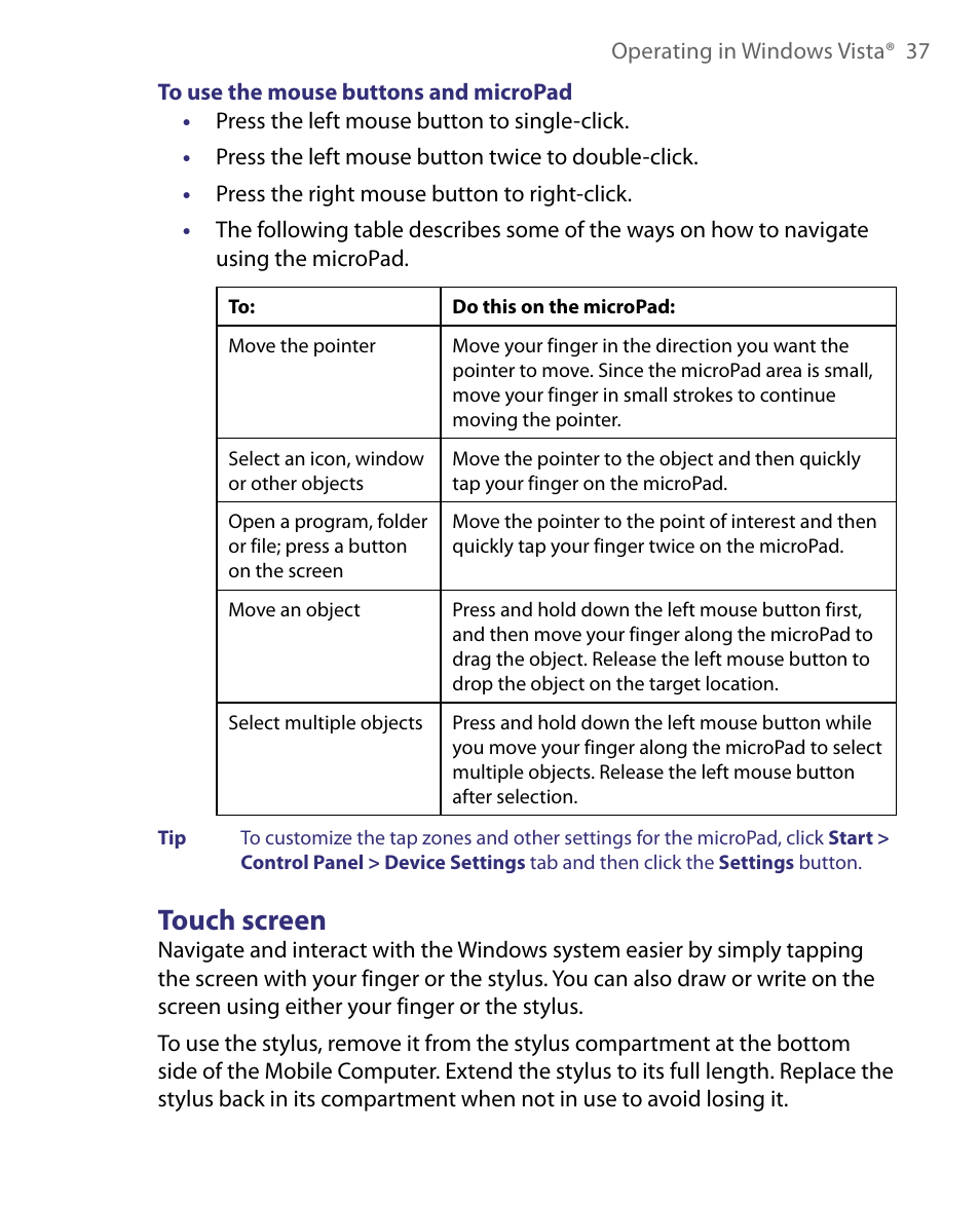 Touch screen | Telenav for Unlocked Supported Devices: Mobile Office - HTC Shift User Manual | Page 37 / 136
