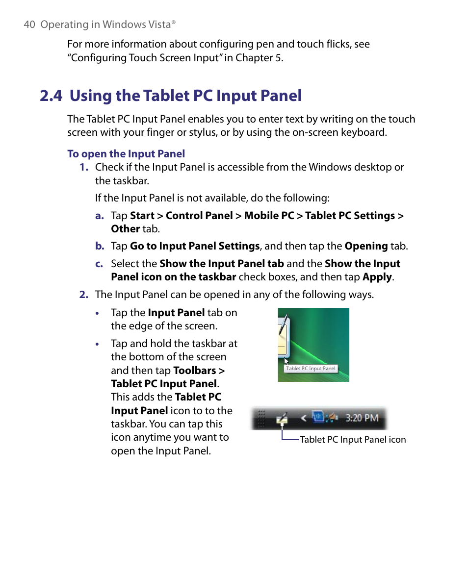 4 using the tablet pc input panel | Telenav for Unlocked Supported Devices: Mobile Office - HTC Shift User Manual | Page 40 / 136