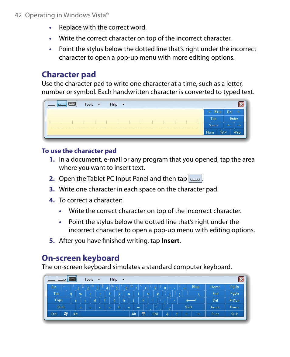 Character pad, On-screen keyboard, Character pad on-screen keyboard | Telenav for Unlocked Supported Devices: Mobile Office - HTC Shift User Manual | Page 42 / 136