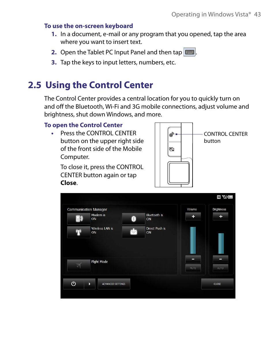 5 using the control center | Telenav for Unlocked Supported Devices: Mobile Office - HTC Shift User Manual | Page 43 / 136