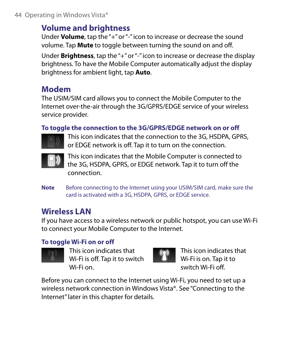 Volume and brightness, Modem, Wireless lan | Volume and brightness modem wireless lan | Telenav for Unlocked Supported Devices: Mobile Office - HTC Shift User Manual | Page 44 / 136