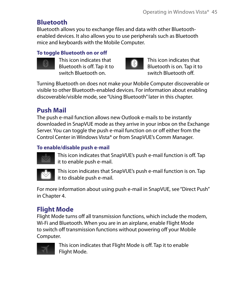 Bluetooth, Push mail, Flight mode | Bluetooth push mail flight mode | Telenav for Unlocked Supported Devices: Mobile Office - HTC Shift User Manual | Page 45 / 136