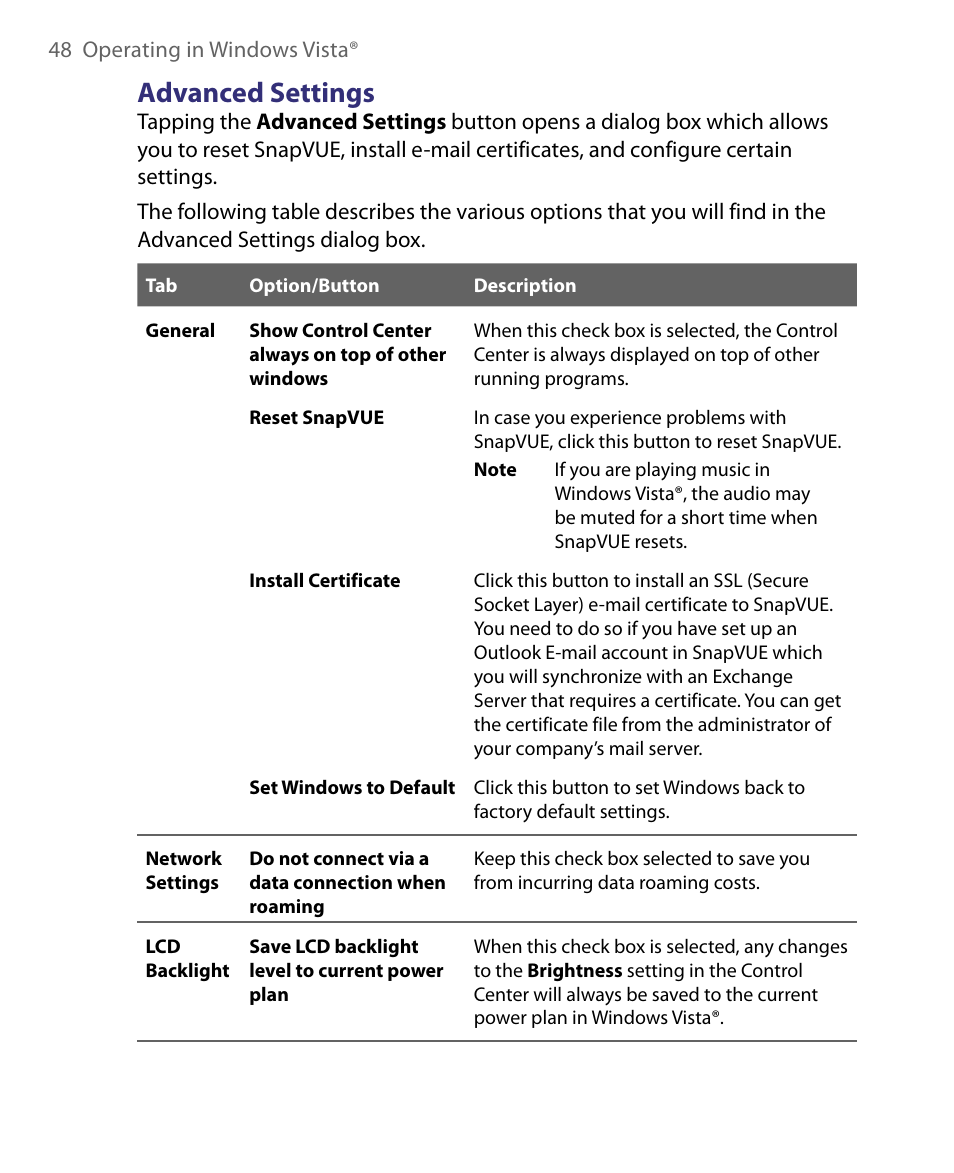 Advanced settings | Telenav for Unlocked Supported Devices: Mobile Office - HTC Shift User Manual | Page 48 / 136