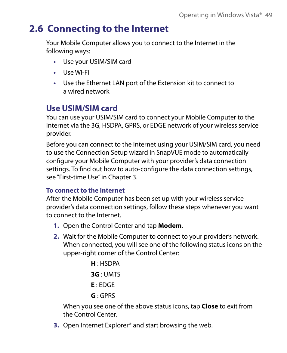 6 connecting to the internet, Use usim/sim card | Telenav for Unlocked Supported Devices: Mobile Office - HTC Shift User Manual | Page 49 / 136