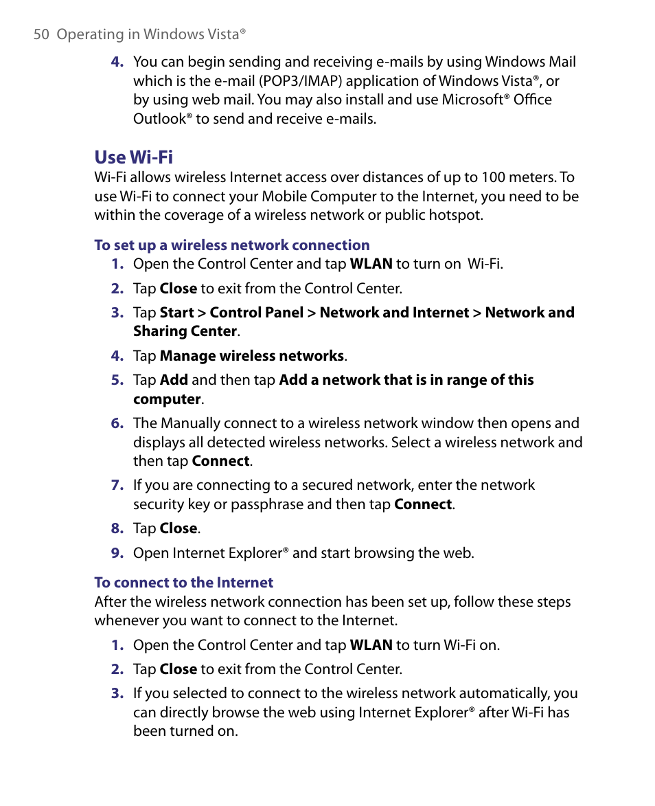 Use wi-fi | Telenav for Unlocked Supported Devices: Mobile Office - HTC Shift User Manual | Page 50 / 136