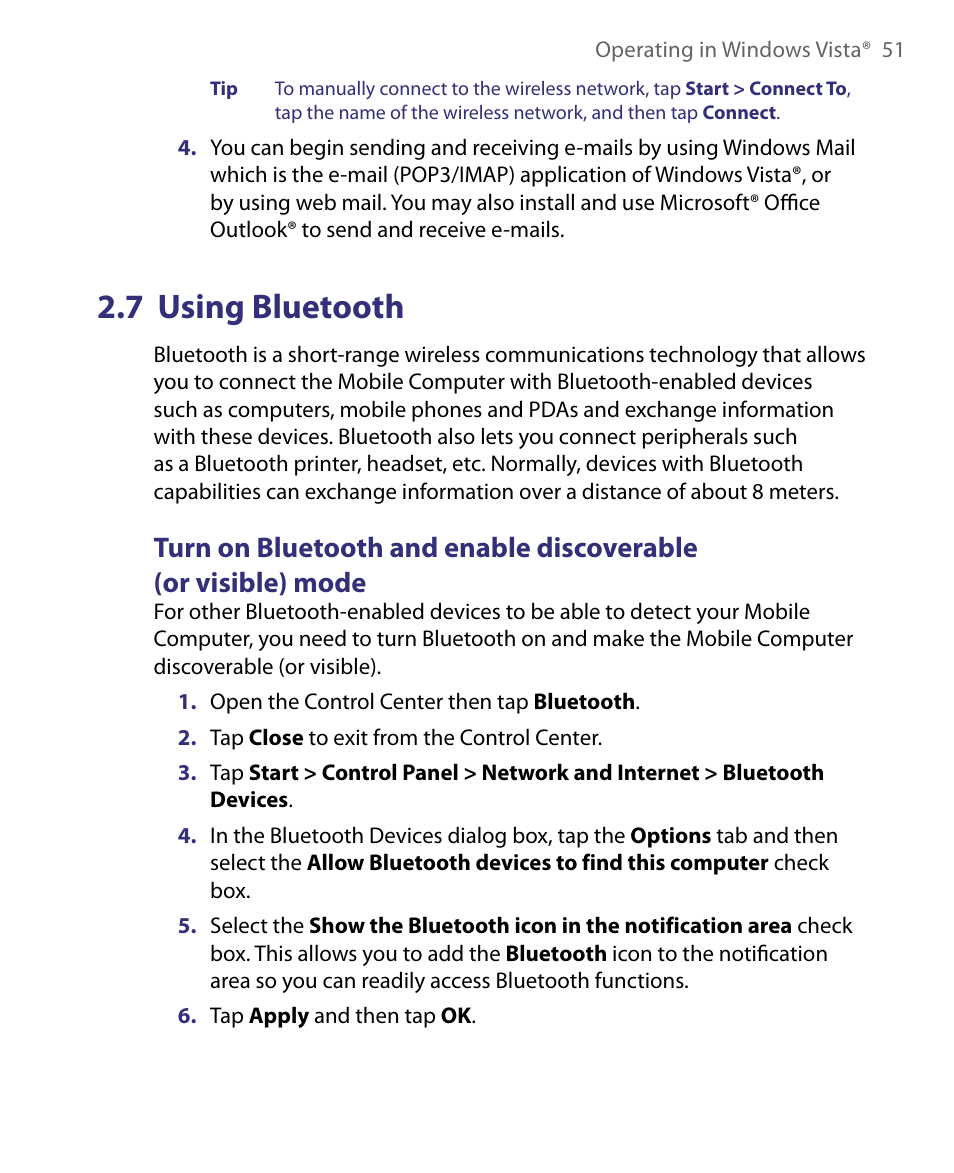 7 using bluetooth | Telenav for Unlocked Supported Devices: Mobile Office - HTC Shift User Manual | Page 51 / 136