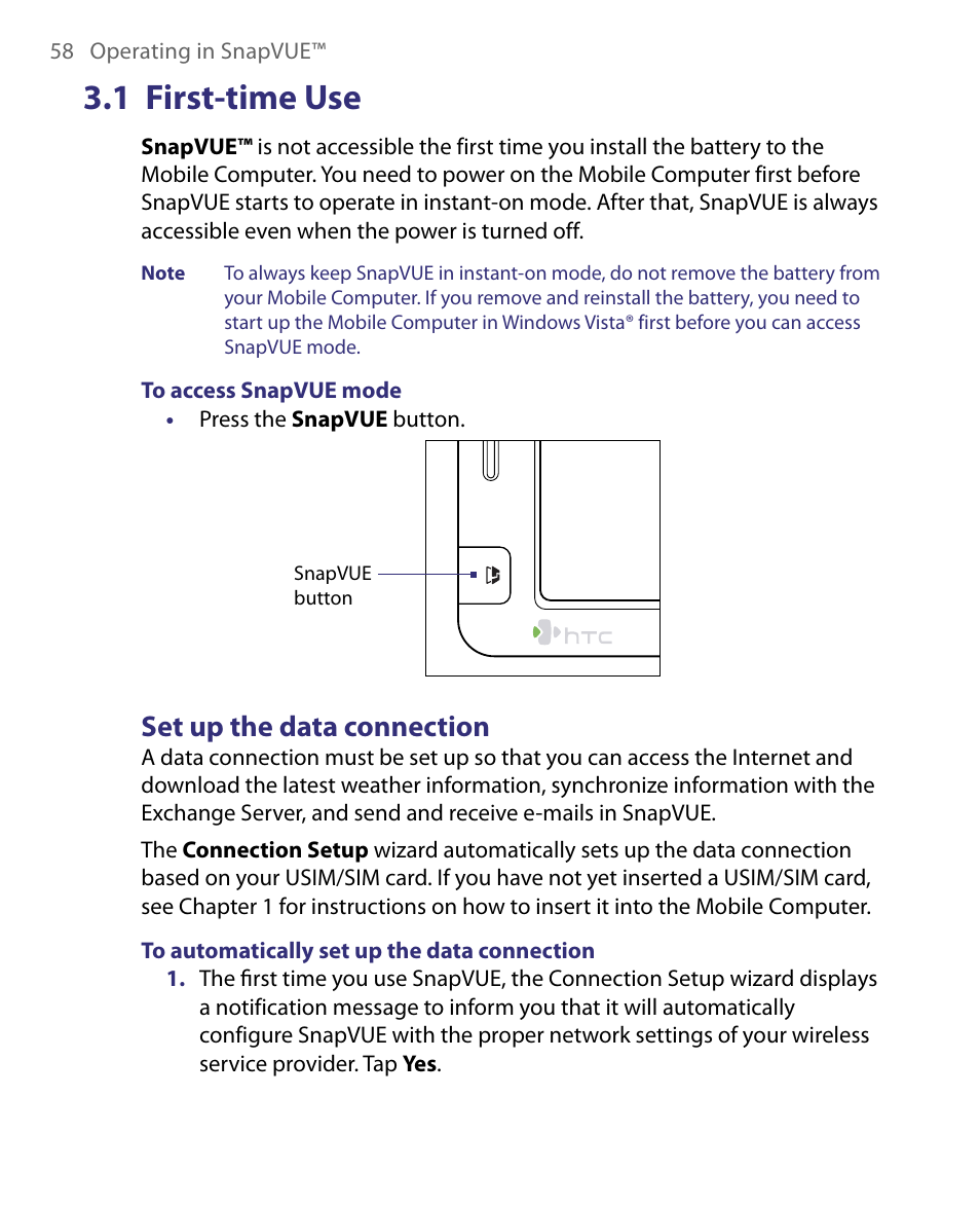 1 first-time use, Set up the data connection | Telenav for Unlocked Supported Devices: Mobile Office - HTC Shift User Manual | Page 58 / 136