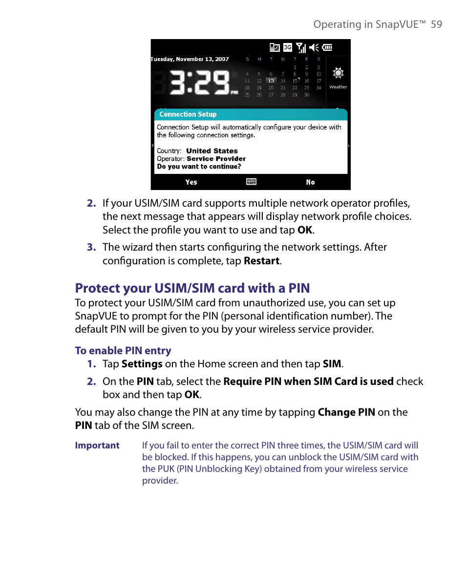 Protect your usim/sim card with a pin | Telenav for Unlocked Supported Devices: Mobile Office - HTC Shift User Manual | Page 59 / 136