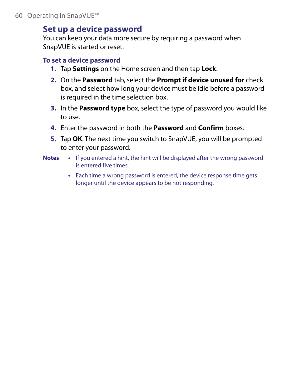 Set up a device password | Telenav for Unlocked Supported Devices: Mobile Office - HTC Shift User Manual | Page 60 / 136