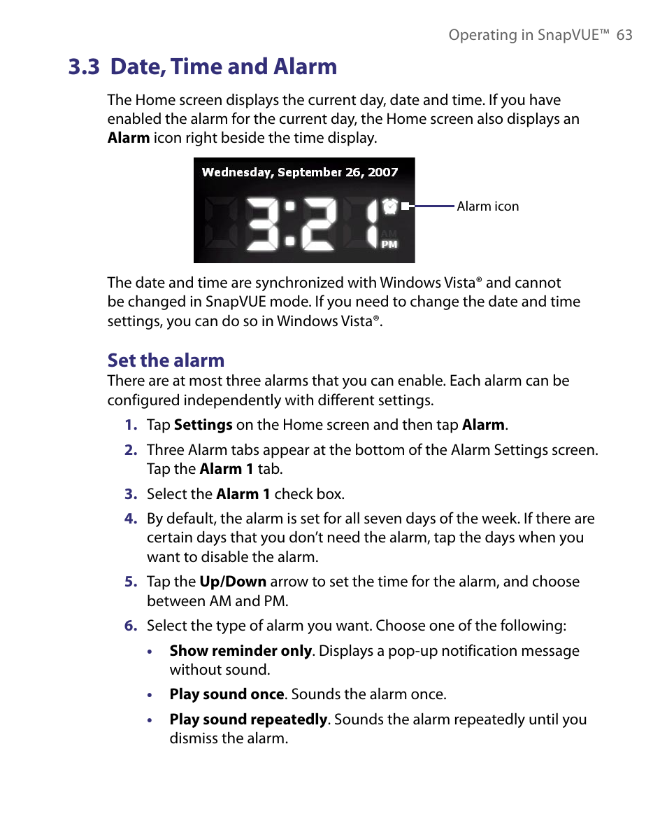 3 date, time and alarm, Set the alarm | Telenav for Unlocked Supported Devices: Mobile Office - HTC Shift User Manual | Page 63 / 136