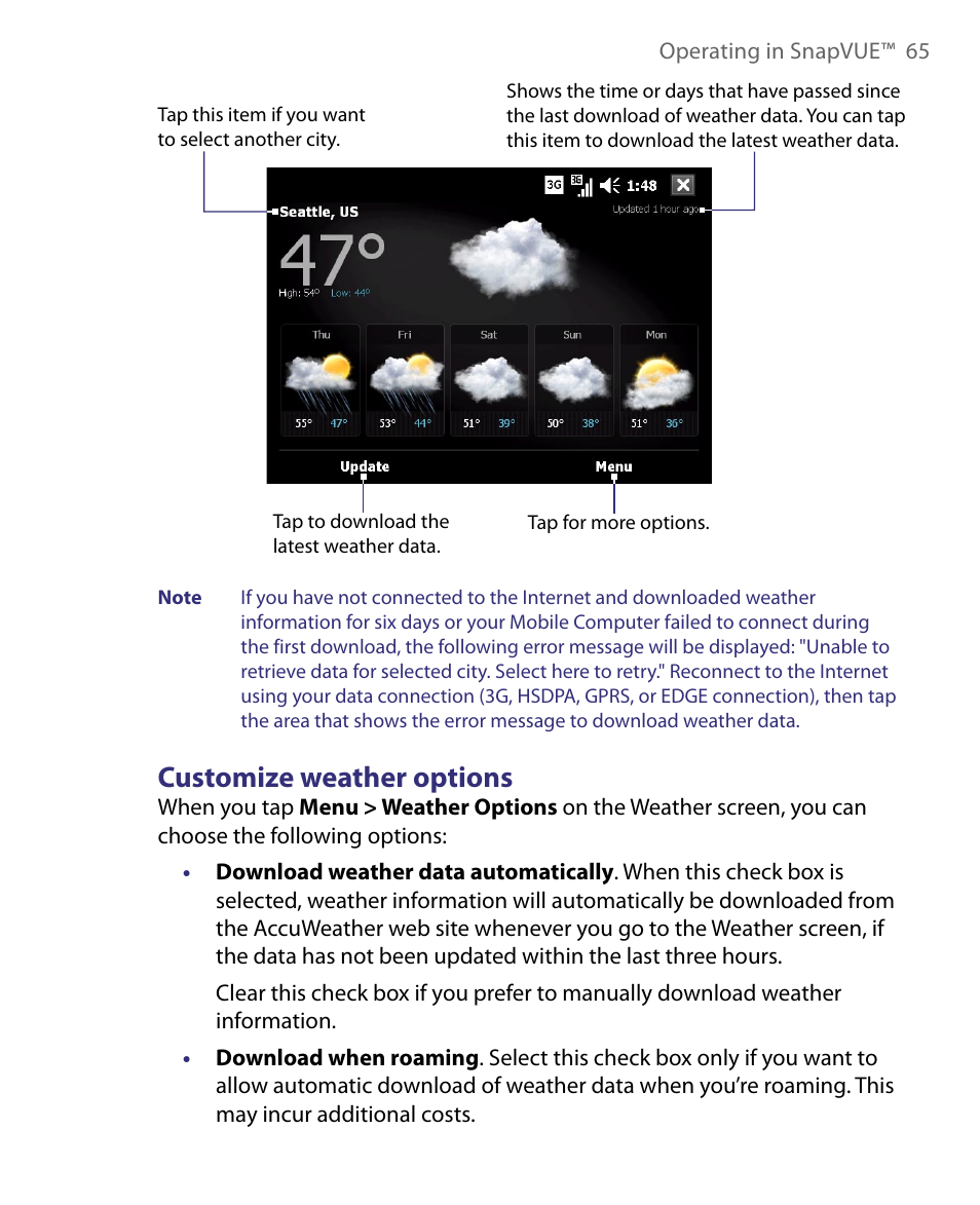 Customize weather options | Telenav for Unlocked Supported Devices: Mobile Office - HTC Shift User Manual | Page 65 / 136