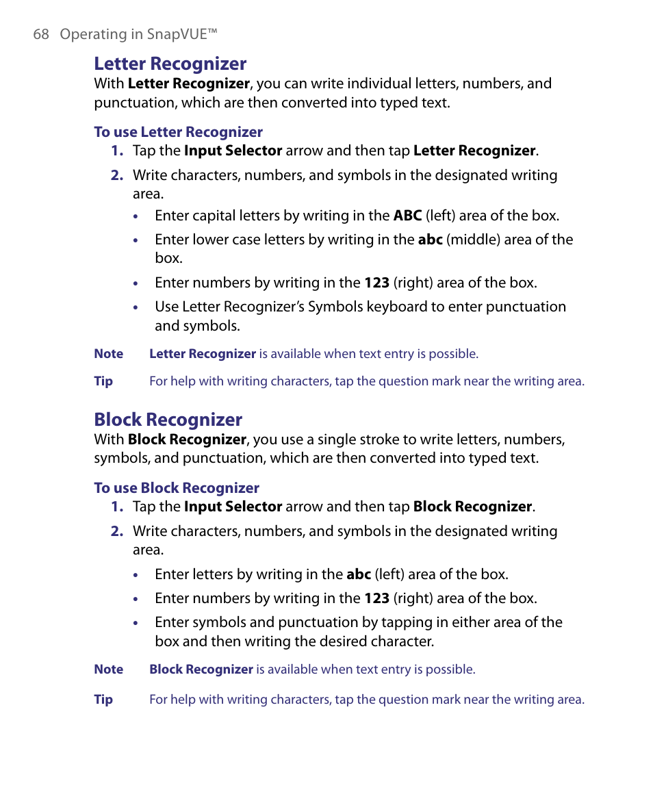 Letter recognizer, Block recognizer, Letter recognizer block recognizer | Telenav for Unlocked Supported Devices: Mobile Office - HTC Shift User Manual | Page 68 / 136