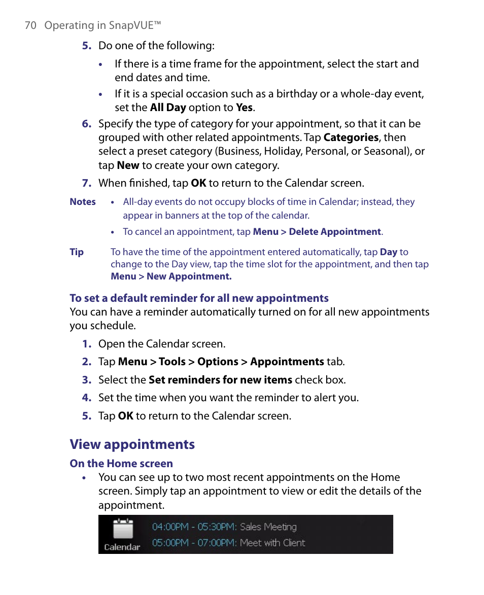 View appointments | Telenav for Unlocked Supported Devices: Mobile Office - HTC Shift User Manual | Page 70 / 136