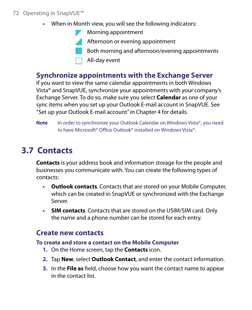 Synchronize appointments with the exchange server, 7 contacts, Create new contacts | Telenav for Unlocked Supported Devices: Mobile Office - HTC Shift User Manual | Page 72 / 136