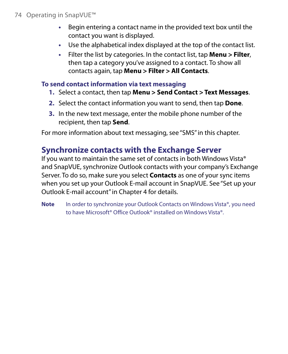 Synchronize contacts with the exchange server | Telenav for Unlocked Supported Devices: Mobile Office - HTC Shift User Manual | Page 74 / 136