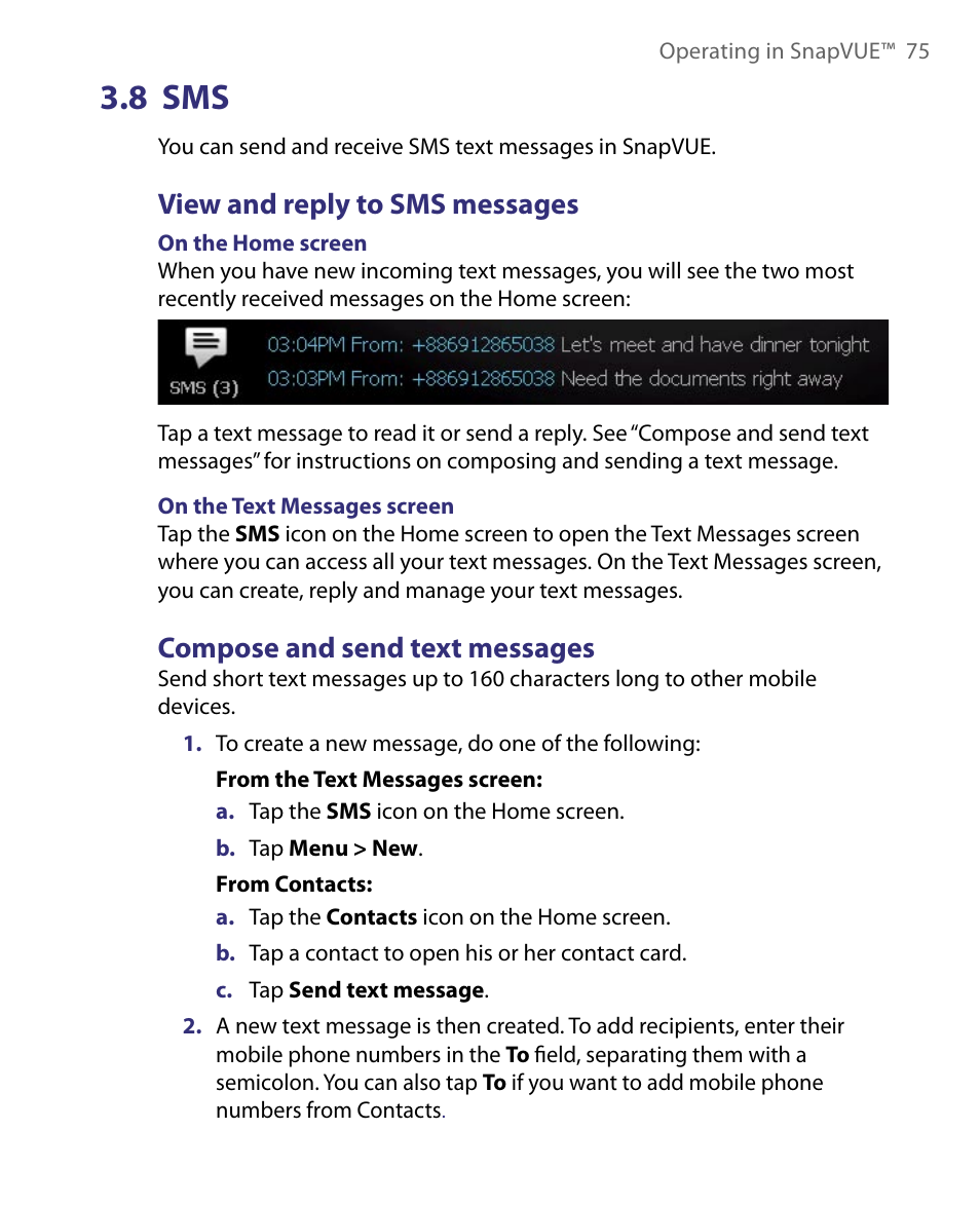8 sms, View and reply to sms messages, Compose and send text messages | Telenav for Unlocked Supported Devices: Mobile Office - HTC Shift User Manual | Page 75 / 136