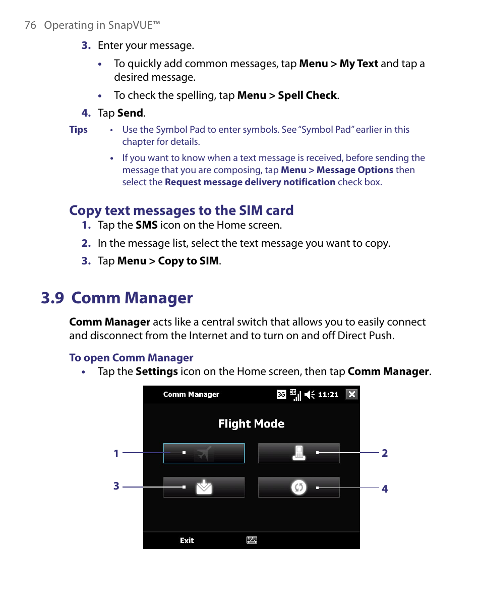 Copy text messages to the sim card, 9 comm manager | Telenav for Unlocked Supported Devices: Mobile Office - HTC Shift User Manual | Page 76 / 136