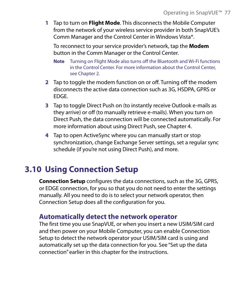 10 using connection setup, Automatically detect the network operator | Telenav for Unlocked Supported Devices: Mobile Office - HTC Shift User Manual | Page 77 / 136