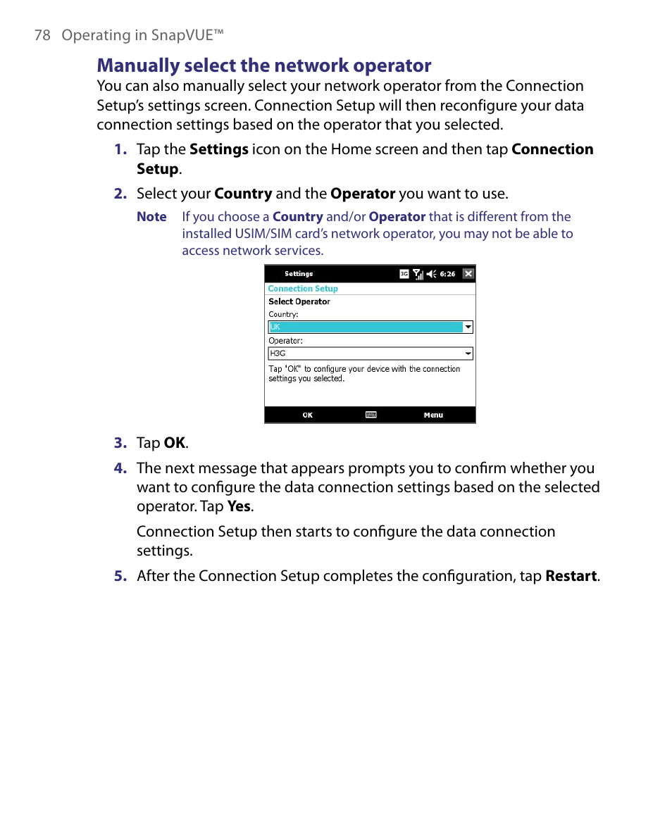 Manually select the network operator | Telenav for Unlocked Supported Devices: Mobile Office - HTC Shift User Manual | Page 78 / 136