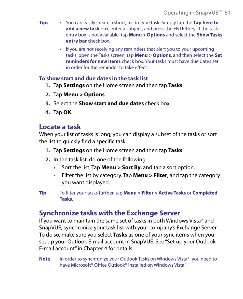 Locate a task, Synchronize tasks with the exchange server | Telenav for Unlocked Supported Devices: Mobile Office - HTC Shift User Manual | Page 81 / 136