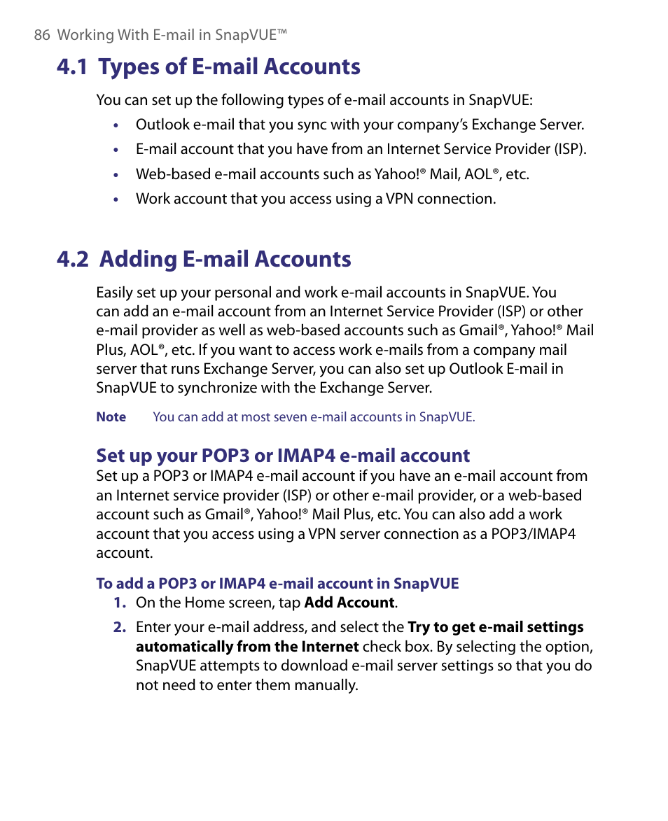 1 types of e-mail accounts, 2 adding e-mail accounts, Set up your pop3 or imap4 e-mail account | Telenav for Unlocked Supported Devices: Mobile Office - HTC Shift User Manual | Page 86 / 136