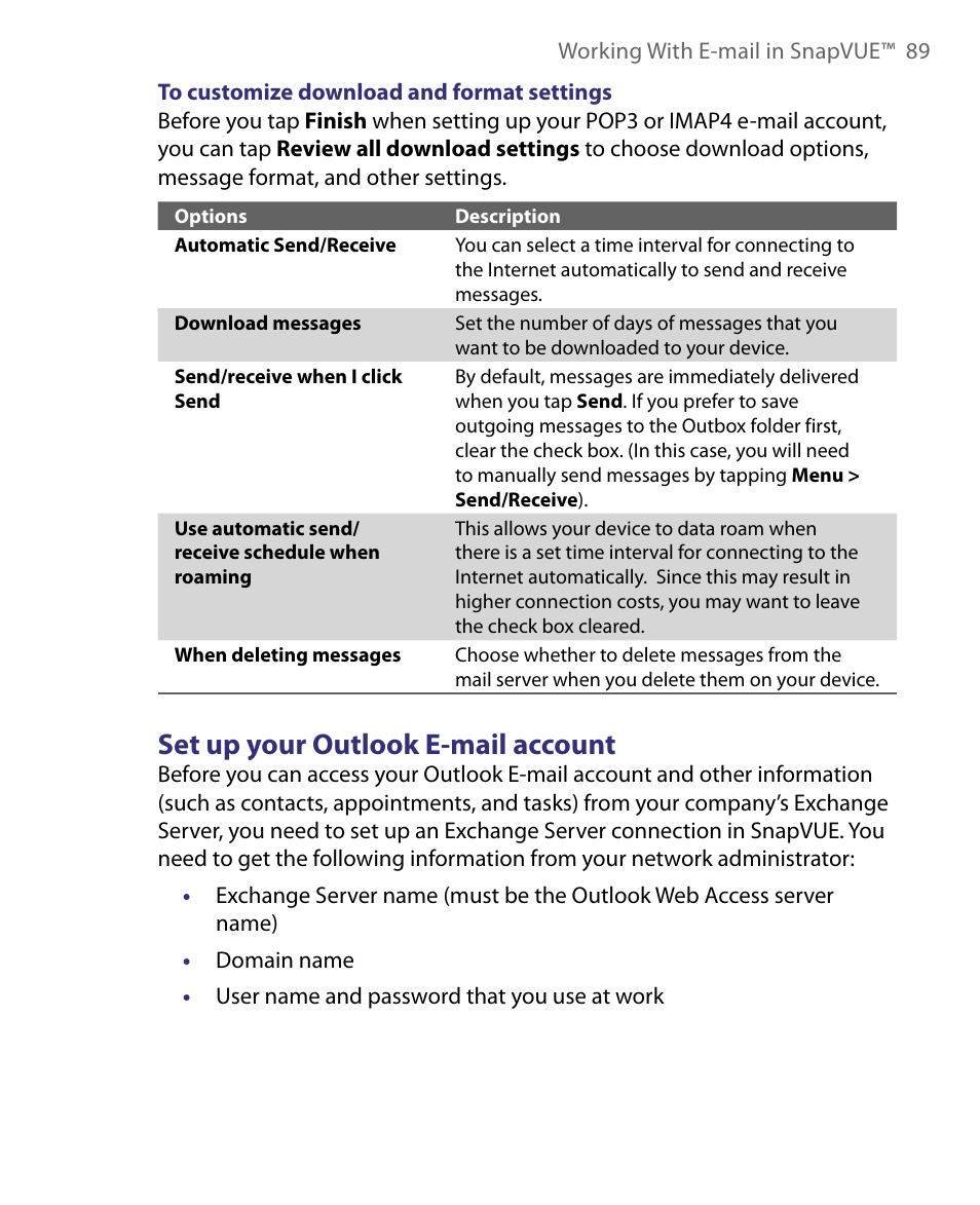 Set up your outlook e-mail account | Telenav for Unlocked Supported Devices: Mobile Office - HTC Shift User Manual | Page 89 / 136