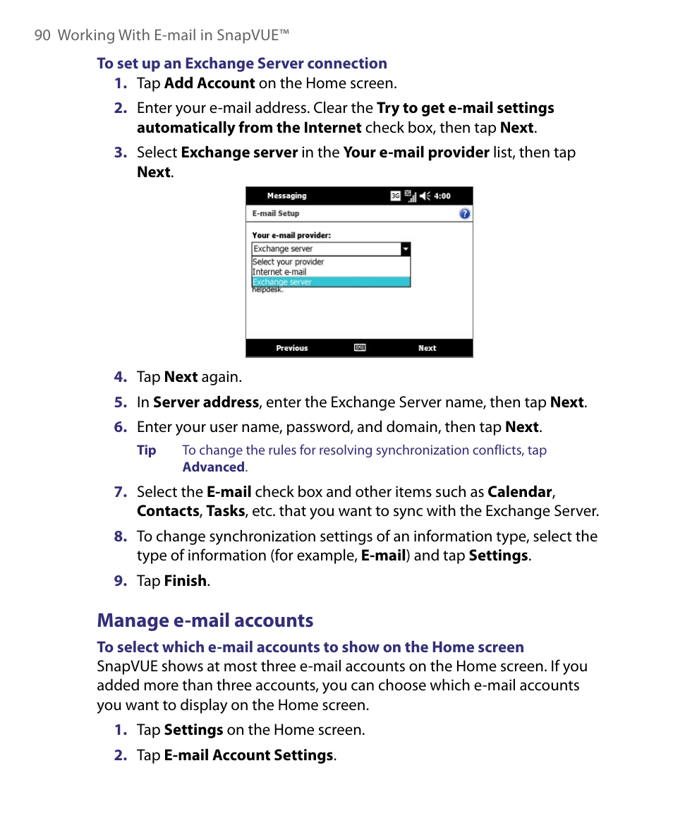Manage e-mail accounts | Telenav for Unlocked Supported Devices: Mobile Office - HTC Shift User Manual | Page 90 / 136