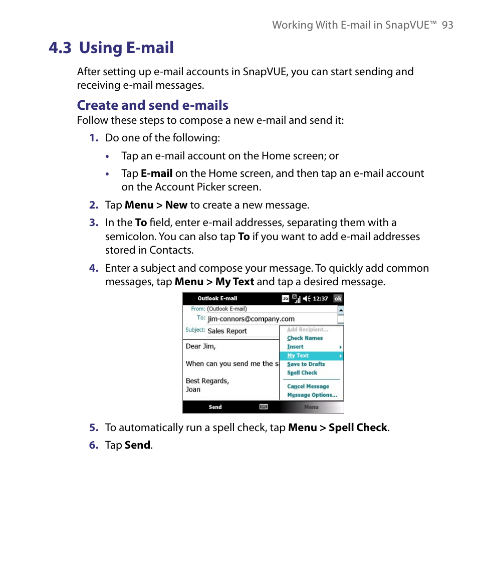 3 using e-mail, Create and send e-mails | Telenav for Unlocked Supported Devices: Mobile Office - HTC Shift User Manual | Page 93 / 136