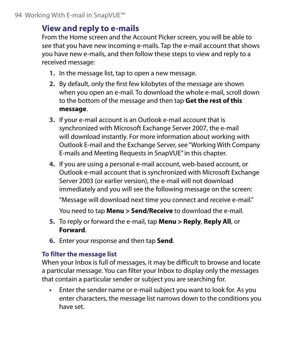 View and reply to e-mails | Telenav for Unlocked Supported Devices: Mobile Office - HTC Shift User Manual | Page 94 / 136