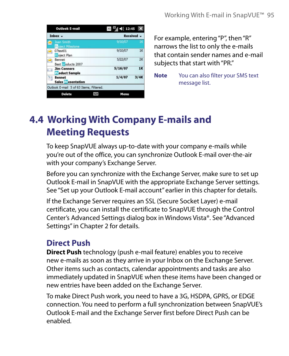 Direct push, 4 working with company e-mails, And meeting requests | Telenav for Unlocked Supported Devices: Mobile Office - HTC Shift User Manual | Page 95 / 136