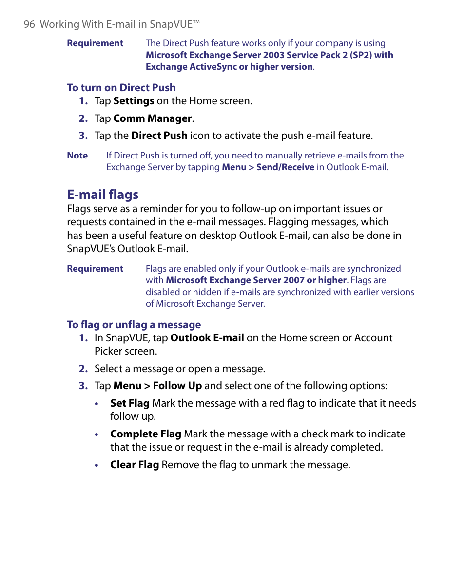 E-mail flags | Telenav for Unlocked Supported Devices: Mobile Office - HTC Shift User Manual | Page 96 / 136