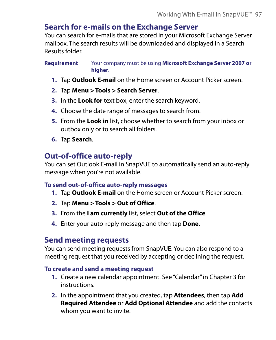 Search for e-mails on the exchange server, Out-of-office auto-reply, Send meeting requests | Telenav for Unlocked Supported Devices: Mobile Office - HTC Shift User Manual | Page 97 / 136