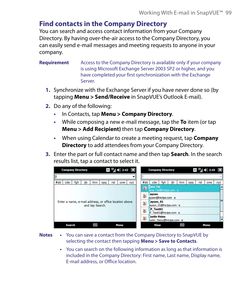 Find contacts in the company directory | Telenav for Unlocked Supported Devices: Mobile Office - HTC Shift User Manual | Page 99 / 136