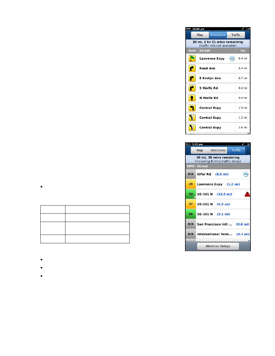 Directions (route summary), Traffic summary | Telenav for Verizon Supported Devices: v6.2 for BlackBerry User Manual | Page 33 / 64