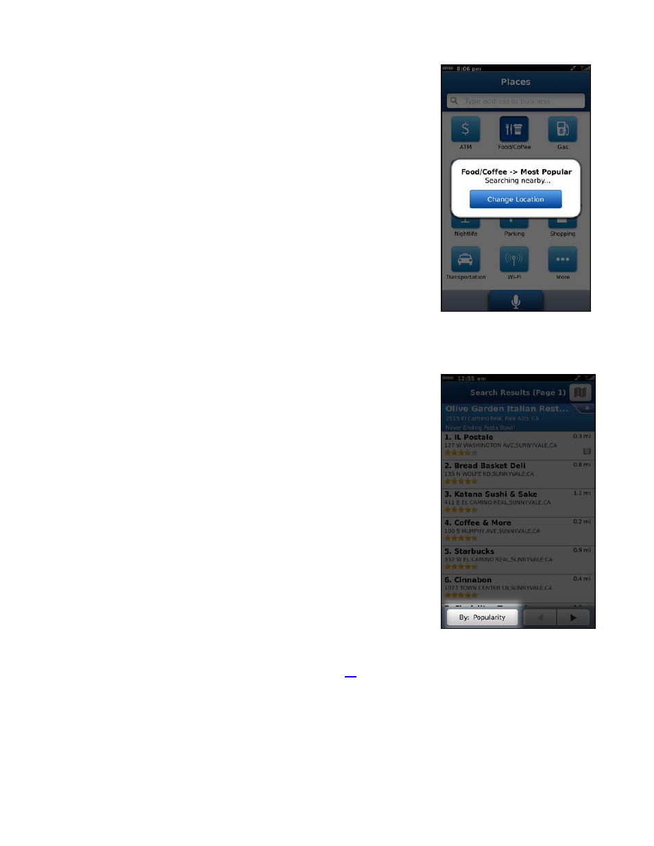 Define a location, Sorting options, Sort by relevance | Sort by distance, Sort by rating, Sort by popularity | Telenav for Verizon Supported Devices: v6.2 for BlackBerry User Manual | Page 39 / 64