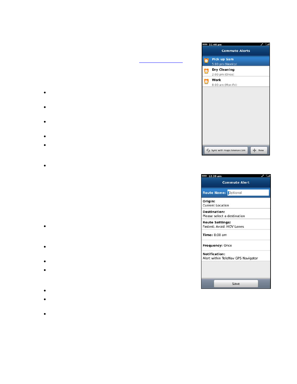 Commute alerts, Create new alert | Telenav for Verizon Supported Devices: v6.2 for BlackBerry User Manual | Page 48 / 64