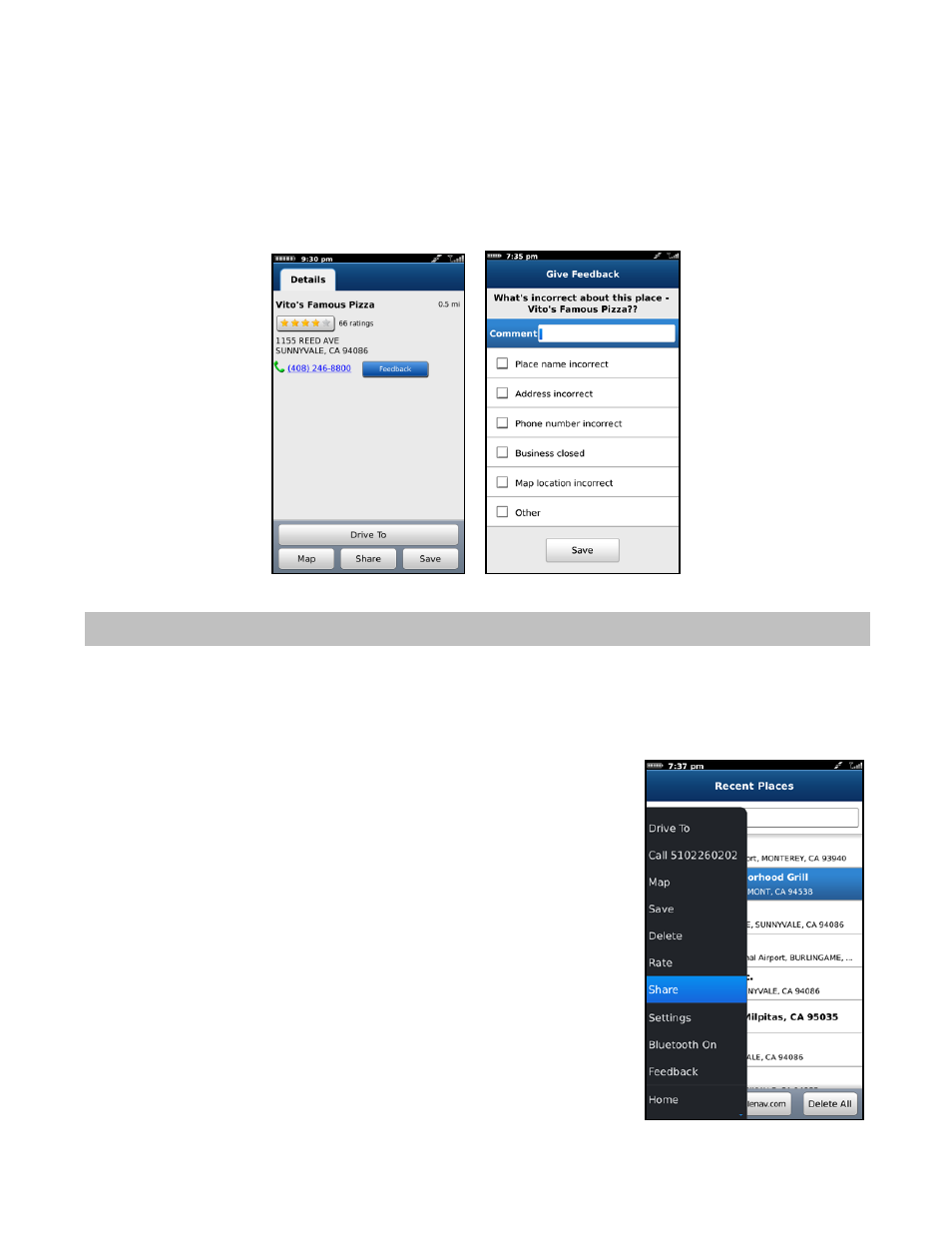 Feedback for places, Share address | Telenav for Verizon Supported Devices: v6.2 for BlackBerry User Manual | Page 54 / 64