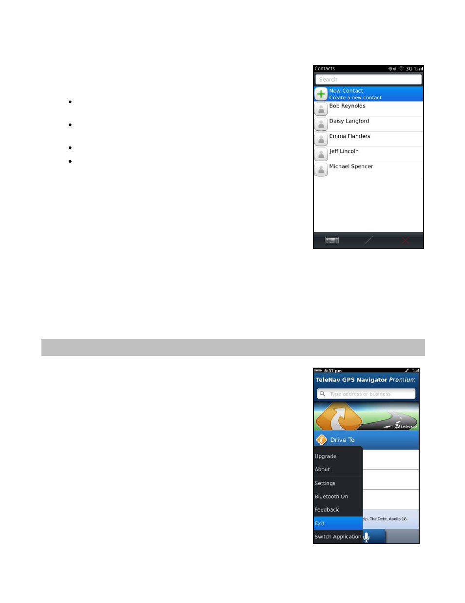 Telenav gps plus options from device contact list, Calendar and e-mail events, Exiting telenav gps plus | Telenav for Verizon Supported Devices: v6.2 for BlackBerry User Manual | Page 57 / 64