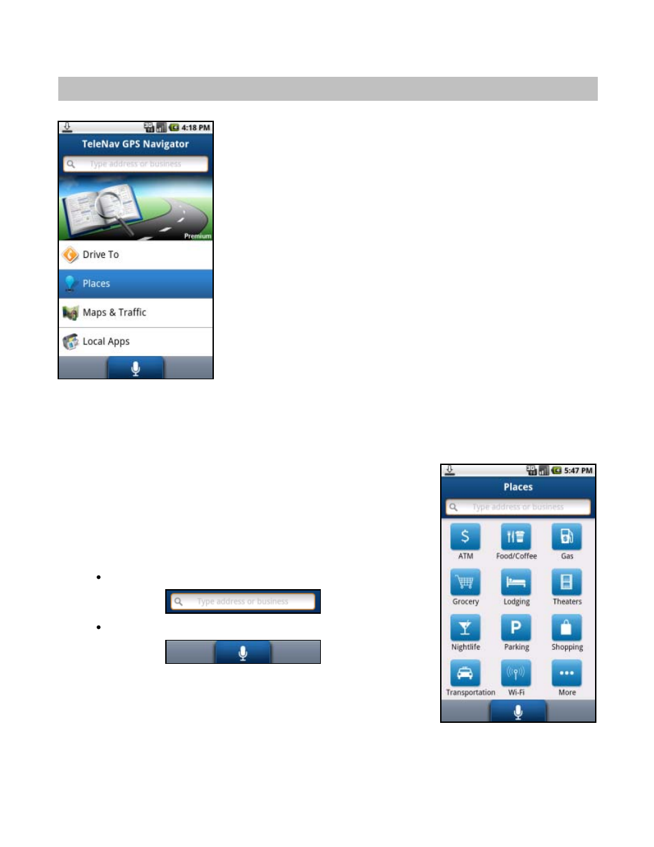 Places menu, Using places | Telenav for Verizon Supported Devices: v6.2 for Android phones User Manual | Page 31 / 57