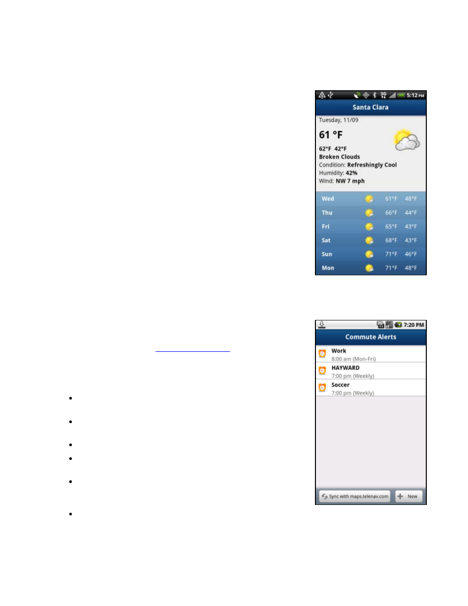Weather, Commute alerts | Telenav for Verizon Supported Devices: v6.2 for Android phones User Manual | Page 42 / 57