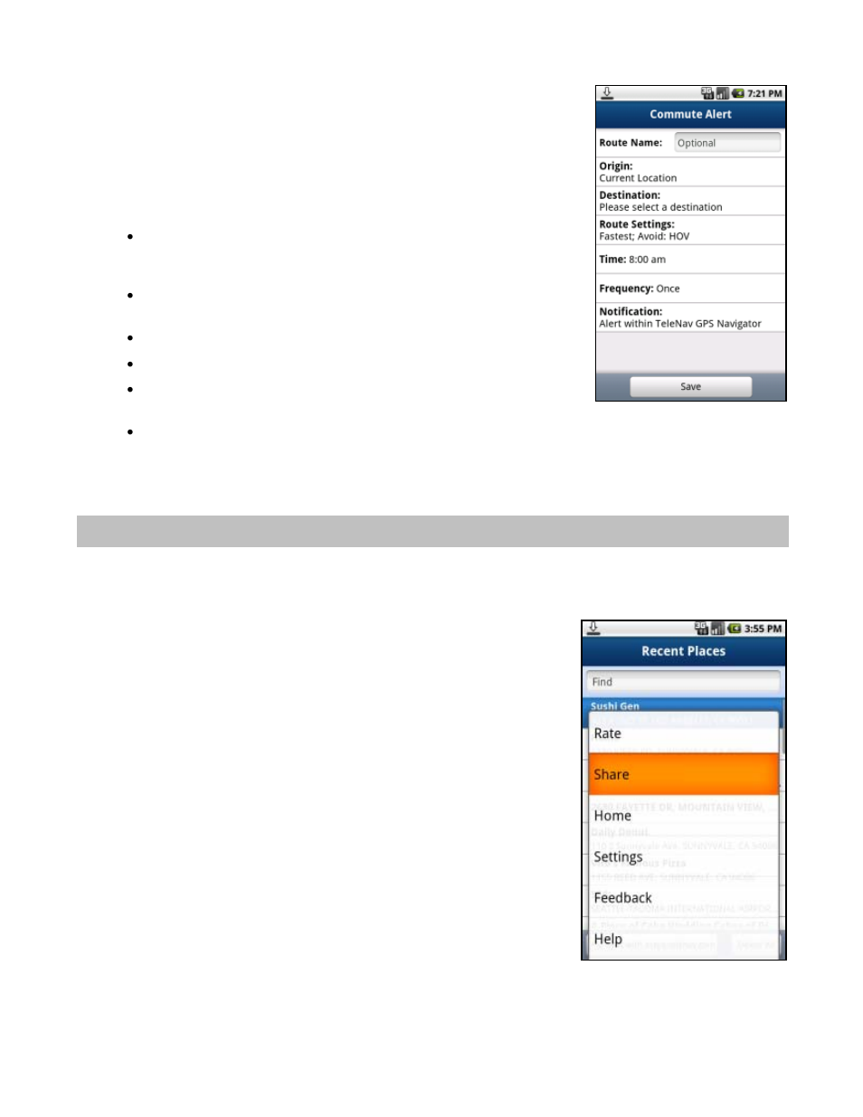 Create new alert, Share address | Telenav for Verizon Supported Devices: v6.2 for Android phones User Manual | Page 43 / 57