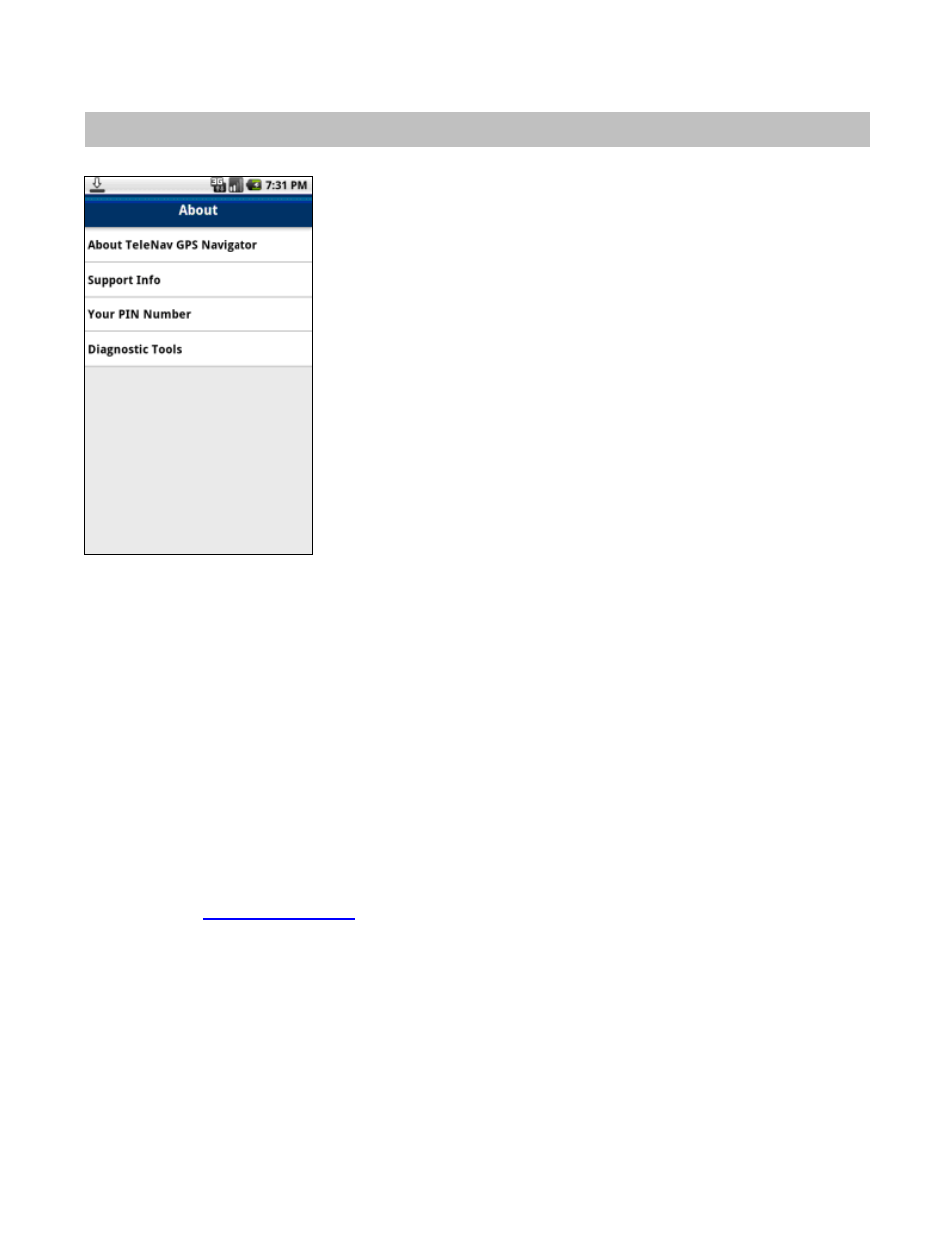 About, About telenav gps navigator, Support info | Your pin number | Telenav for Verizon Supported Devices: v6.2 for Android phones User Manual | Page 47 / 57
