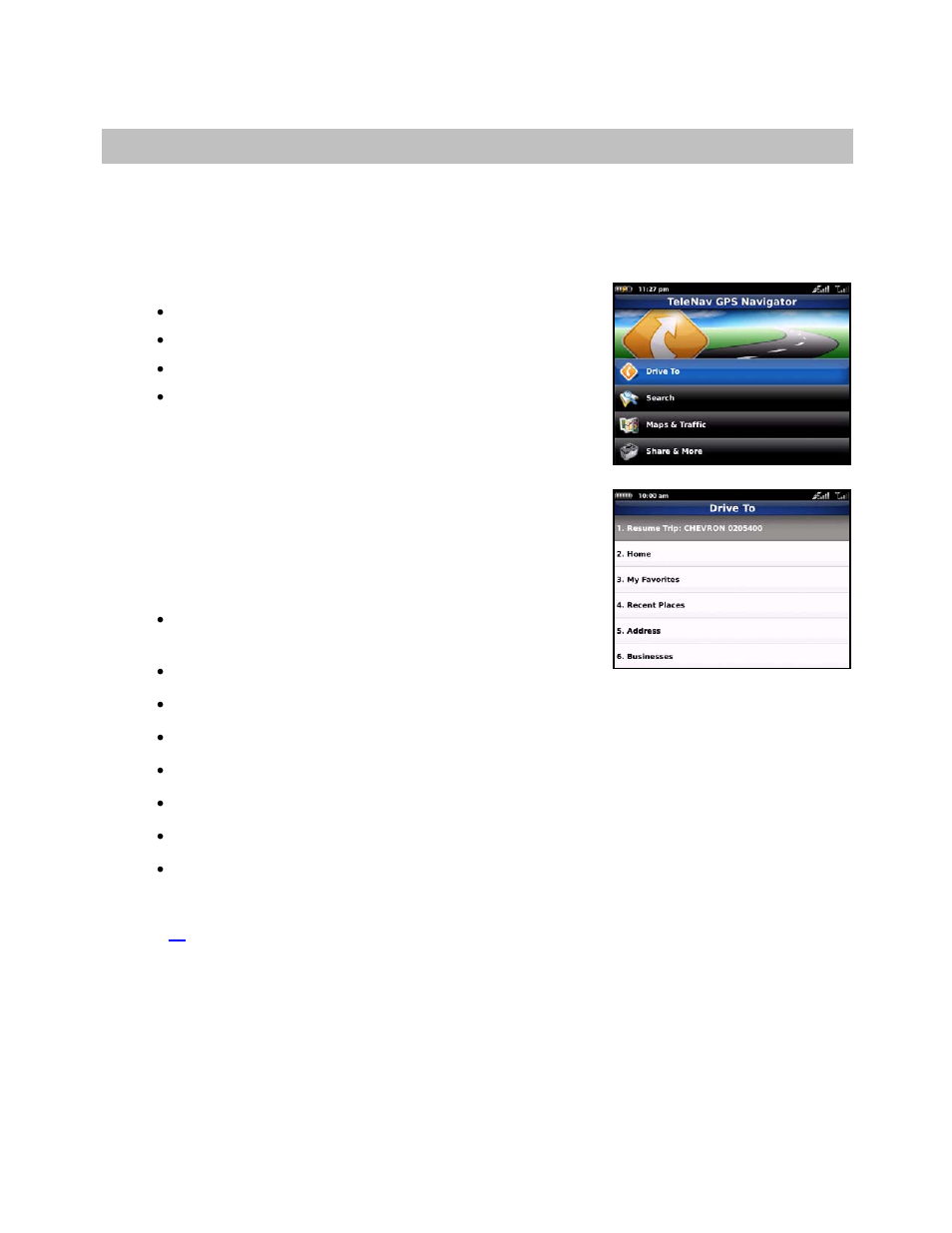 Telenav gps navigator menu overview, Main menu, Drive to menu | Telenav for Verizon Supported Devices: v5.5 for BlackBerry Storm User Manual | Page 18 / 64