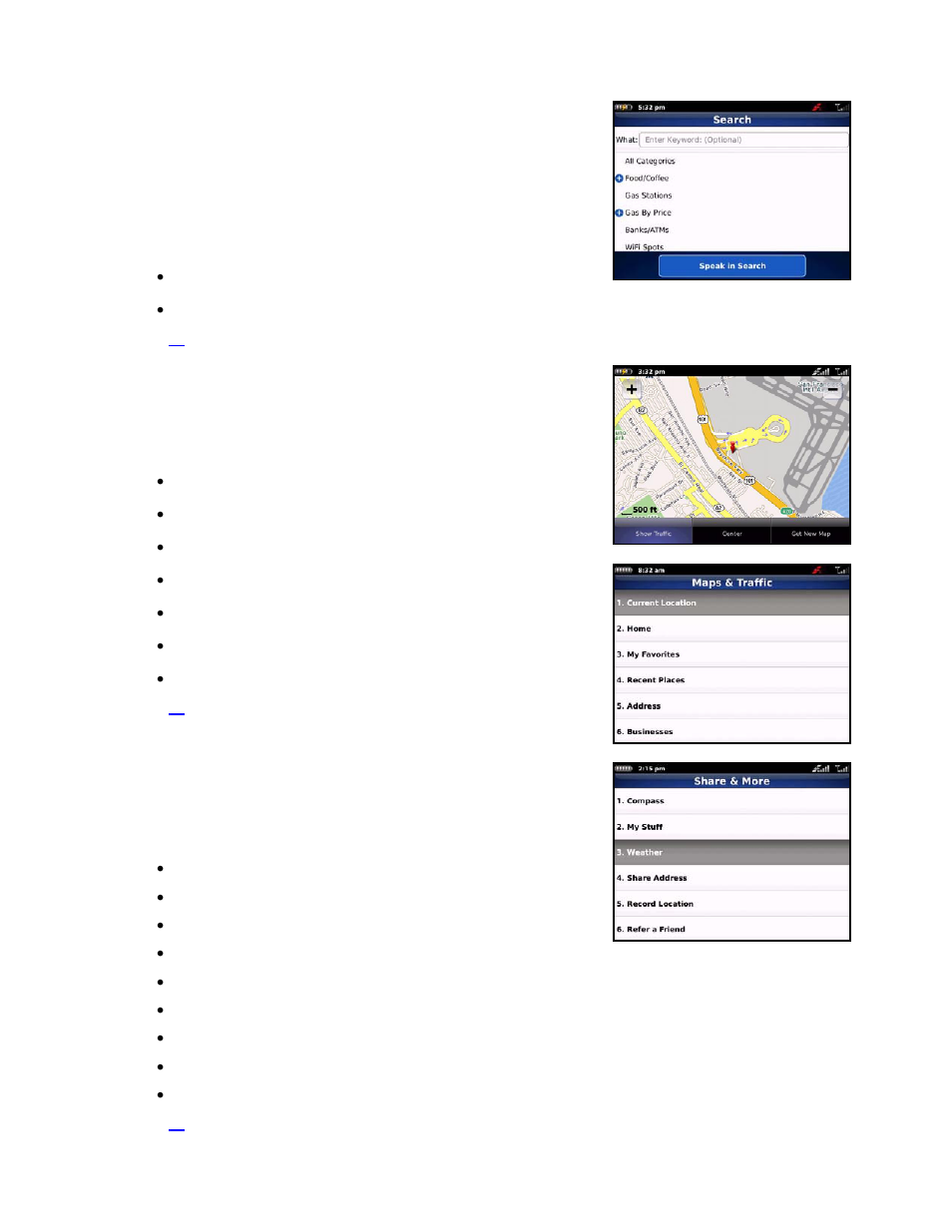 Search menu, Maps & traffic menu, Share & more menu | Telenav for Verizon Supported Devices: v5.5 for BlackBerry Storm User Manual | Page 19 / 64