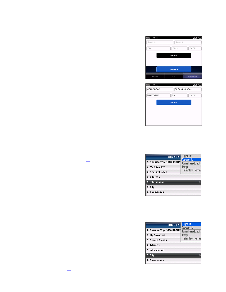 Intersection – typing in, Intersection – speaking in, City | Telenav for Verizon Supported Devices: v5.5 for BlackBerry Storm User Manual | Page 25 / 64
